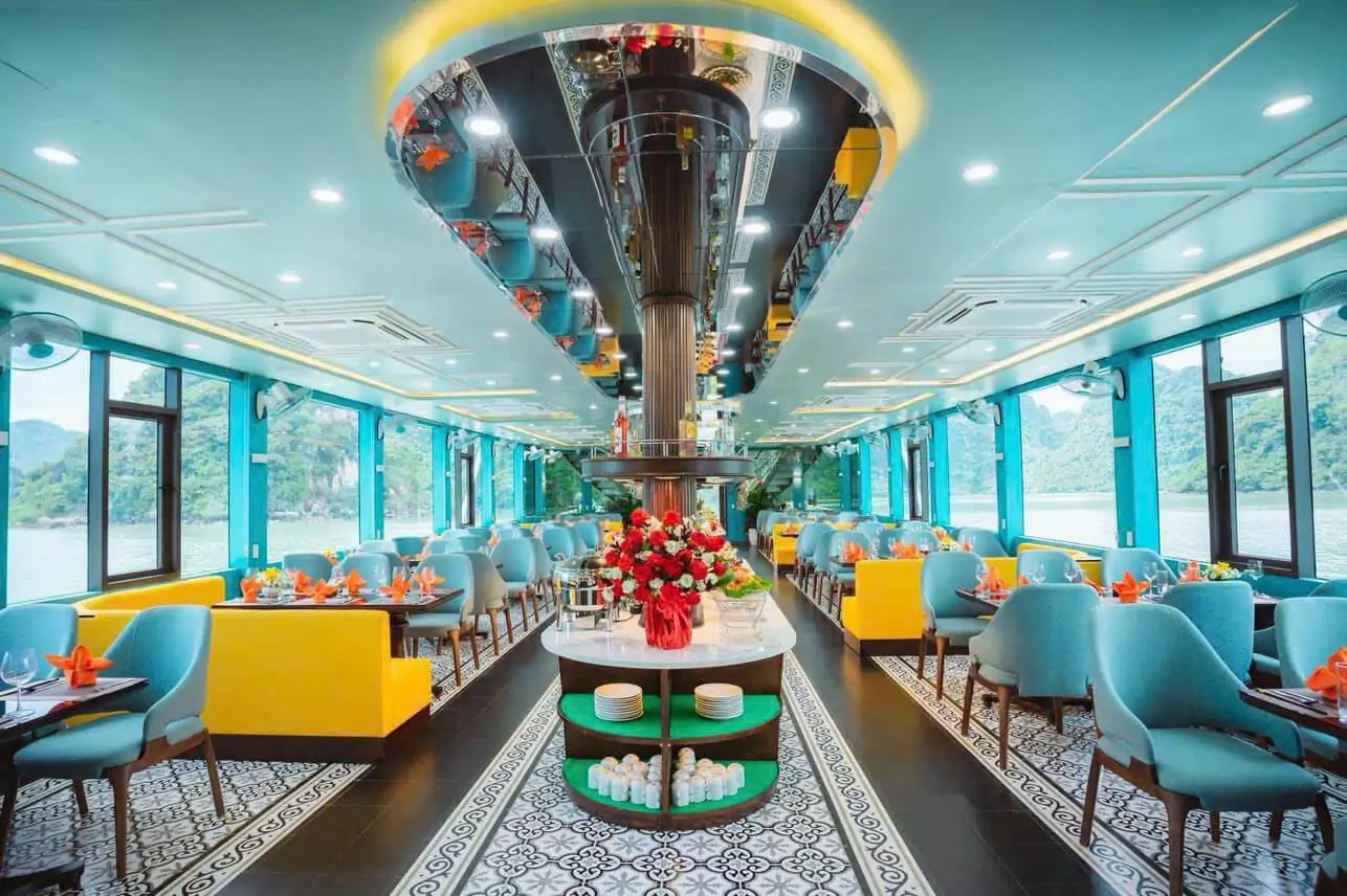 Restaurant Interior – Halong Apollo Day Cruise Halong Apollo Day Cruise restaurant interior with bay view windows