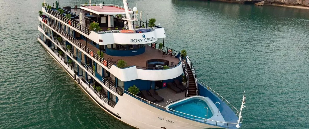 Rosy Cruise Halong Bay aerial view with signature bow jacuzzi