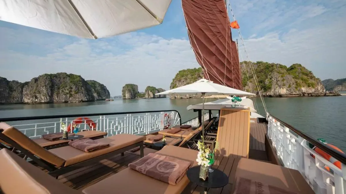 Sundeck of Prince Private Cruise, a wooden junk in Bai Tu Long Bay
