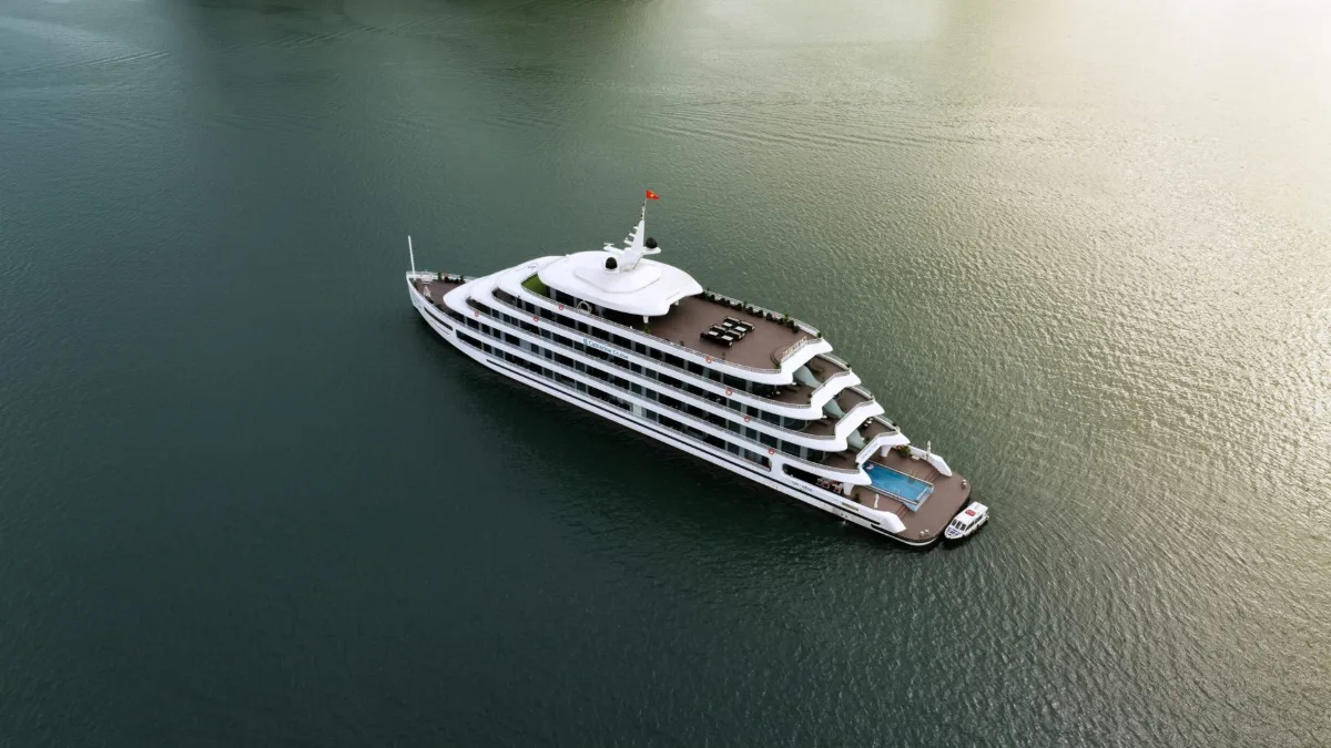 Top-down aerial view of Catherine Cruise Halong Bay showing the stern pool deck