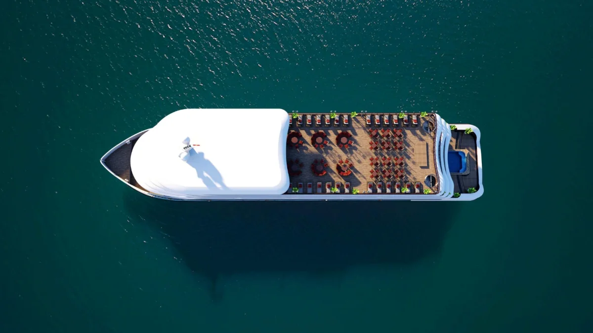 Cycad Grand Cruise Sundeck from Above Top view of the sundeck with loungers on Cycad Grand Cruise