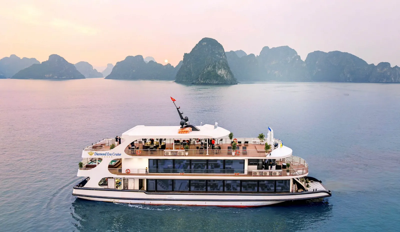 Diamond Era Cruise exterior showing the onboard jacuzzi pool and sundeck bar