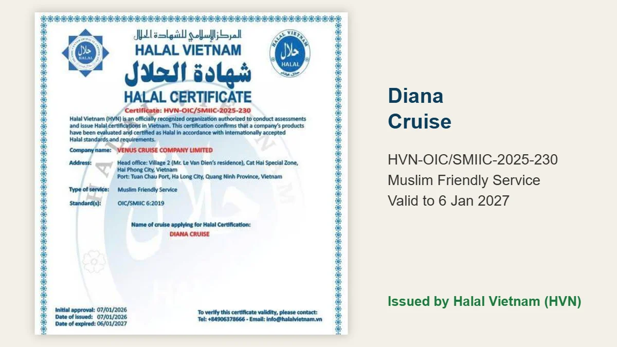 Muslim Friendly Service certificate HVN-OIC/SMIIC-2025-230 of Diana Cruise, Lan Ha Bay