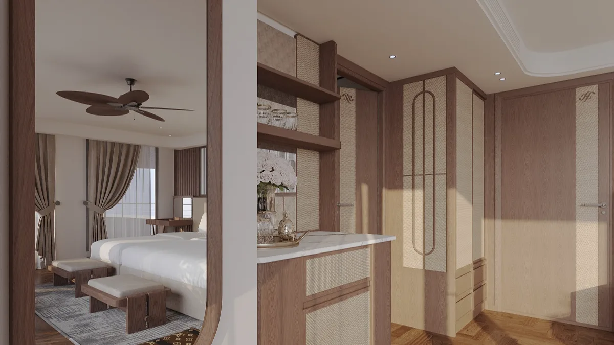 Wardrobe and bed in the Harmony Exclusive Suite – Harmony Boutique Cruise