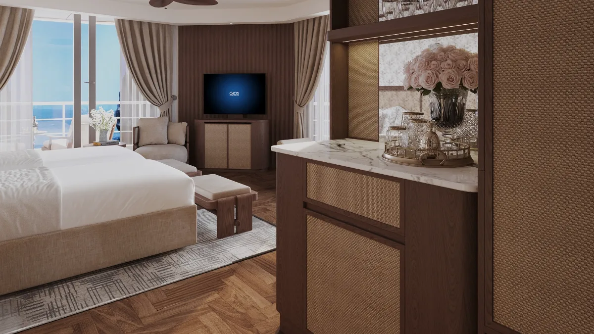 Harmony Terrace Suite bed and TV – Harmony Boutique Cruise
