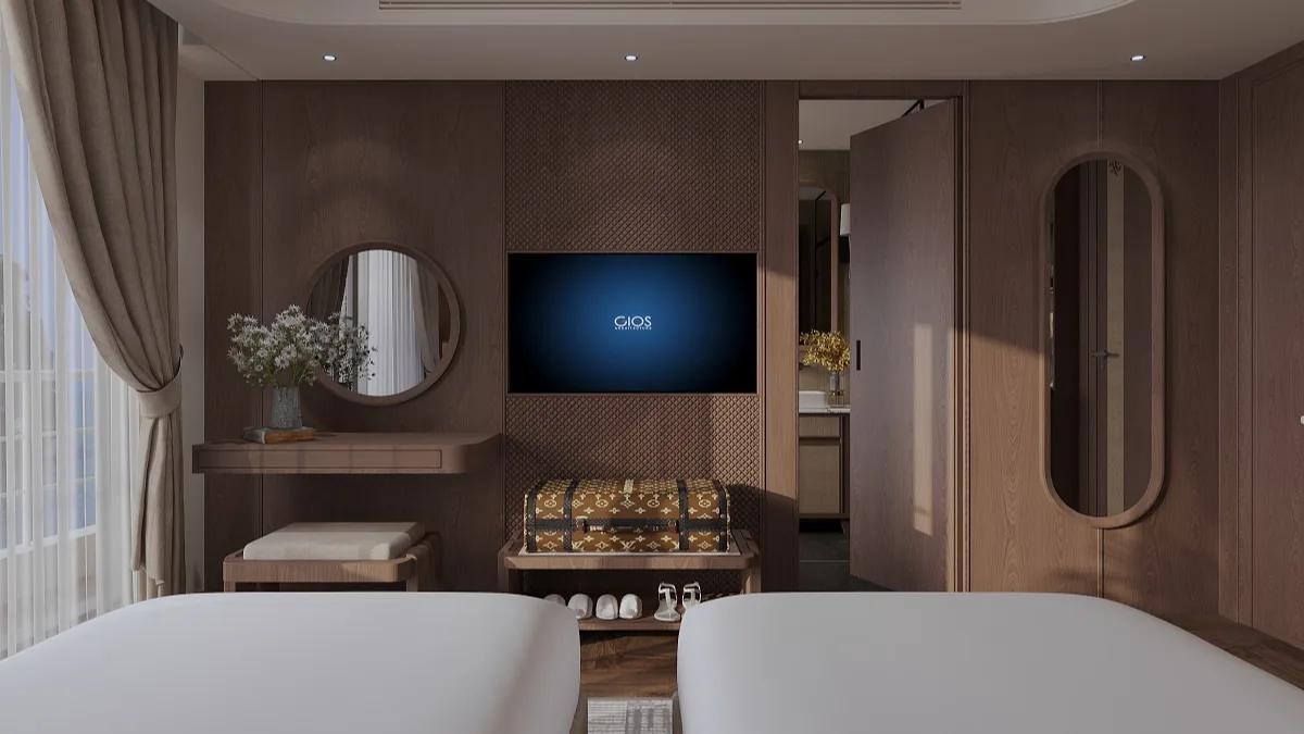 Vanity desk and TV in the Ocean Premium Suite – Harmony Boutique Cruise