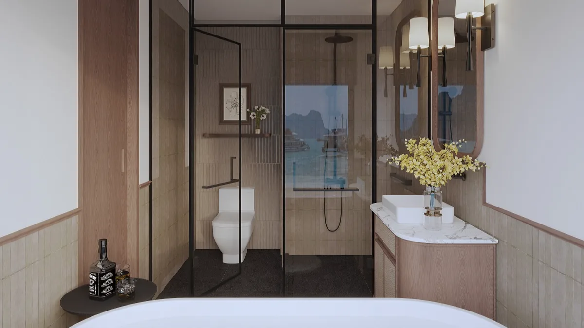 Rain shower and vanity in the Ocean View Suite – Harmony Boutique Cruise