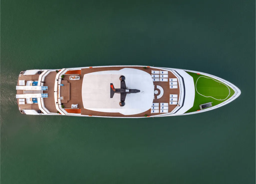 Hera Luxury Day Cruise Lan Ha Bay – Aerial Deck Layout Aerial view of the deck layout of Hera Luxury Day Cruise