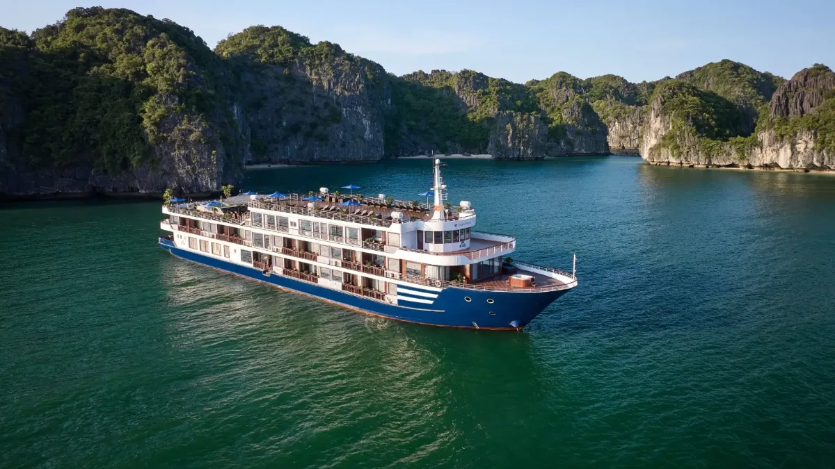 Aerial view of Erina deluxe cruise in Lan Ha Bay