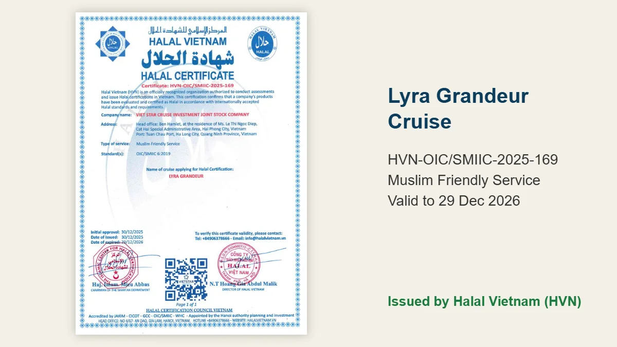 Muslim Friendly Service certificate HVN-OIC/SMIIC-2025-169 of Lyra Grandeur Cruise, Lan Ha Bay