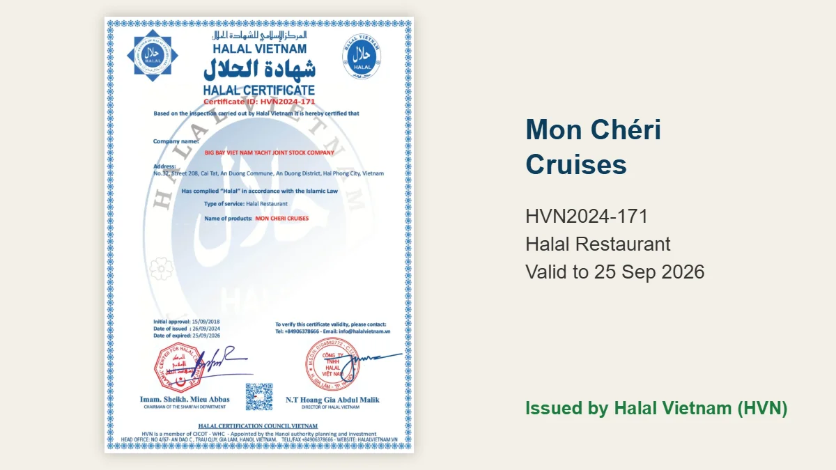 Halal certificate HVN2024-171 of Mon Chéri Cruises, Halong Bay and Lan Ha Bay