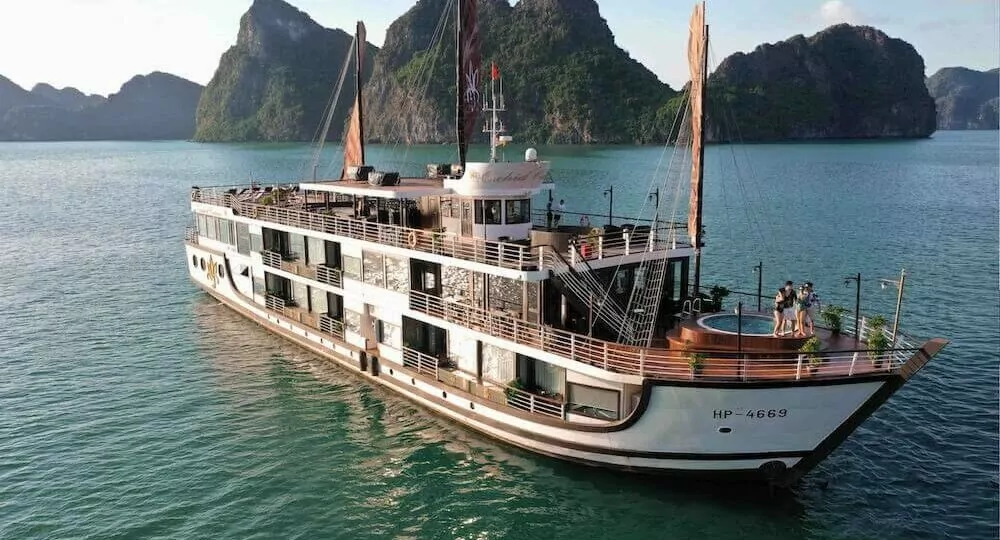 Orchid Classic Cruise exterior view with outdoor jacuzzi on Halong Bay