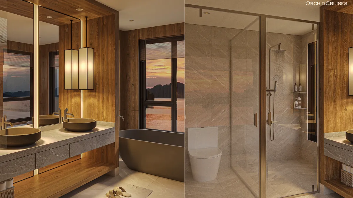 Orchid Exclusive Suite bathroom with bathtub on Orchid Luxury Cruise