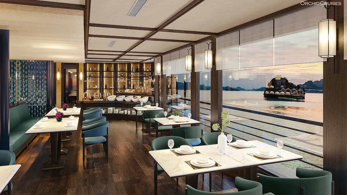 Orchid Luxury Cruise restaurant with views of Lan Ha Bay Orchid Luxury Cruise restaurant with views of Lan Ha Bay