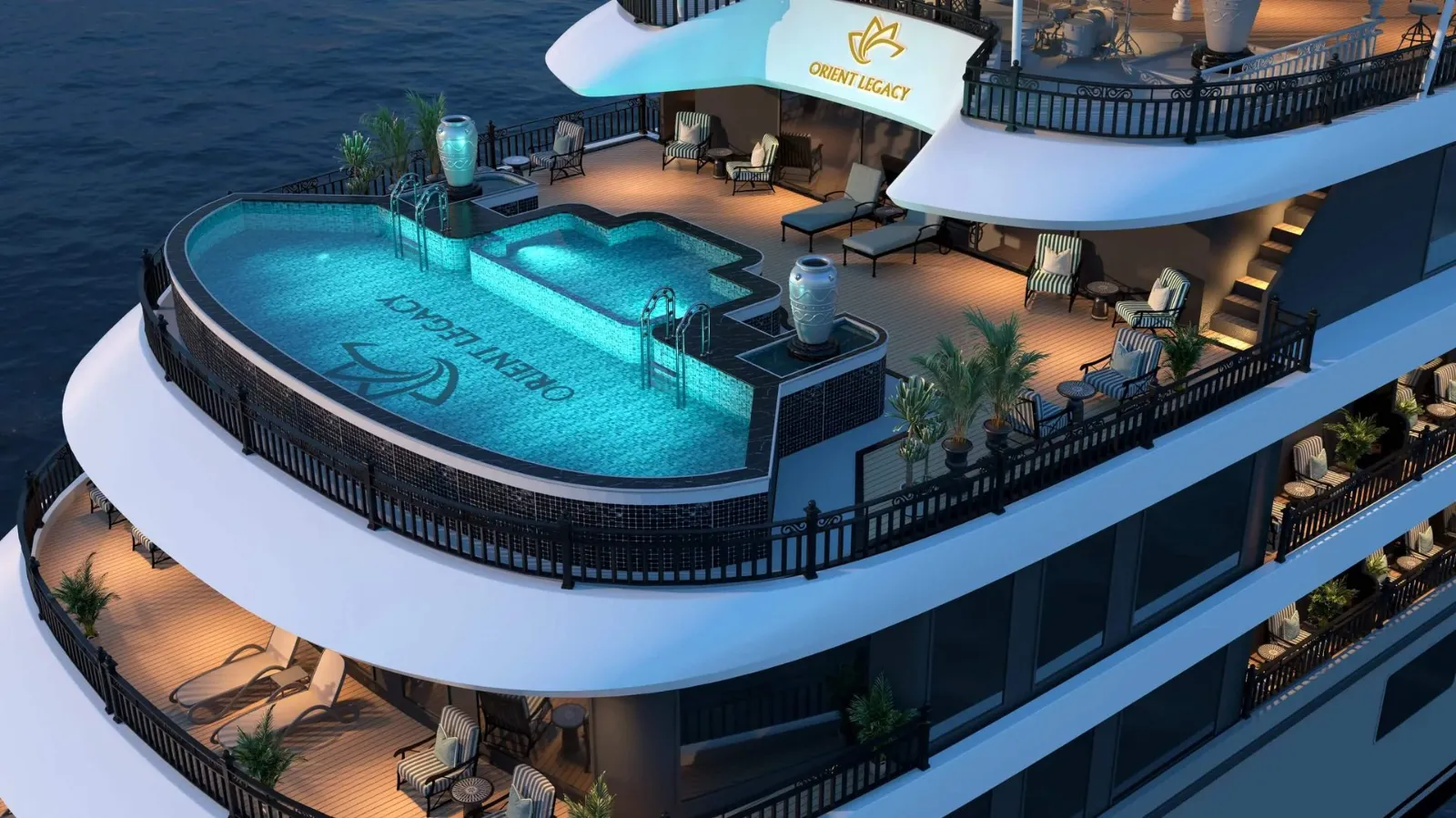 The infinity pool aboard Orient Legacy Cruise illuminated at night