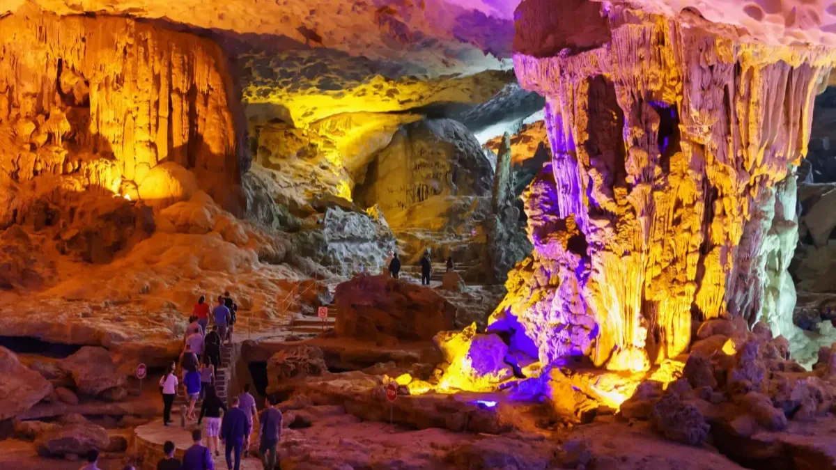 Inside Sung Sot Cave first chamber — giant stalactites resembling chandeliers hanging 30 meters from the ceiling, Halong Bay Vietnam