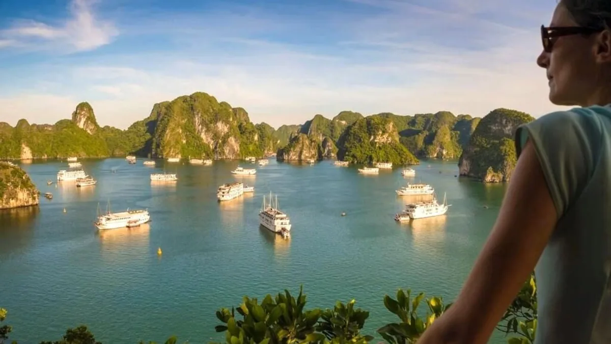 360-degree panoramic view of Halong Bay from Ti Top Island summit at 110 meters — thousands of limestone karsts rising from emerald water, Vietnam