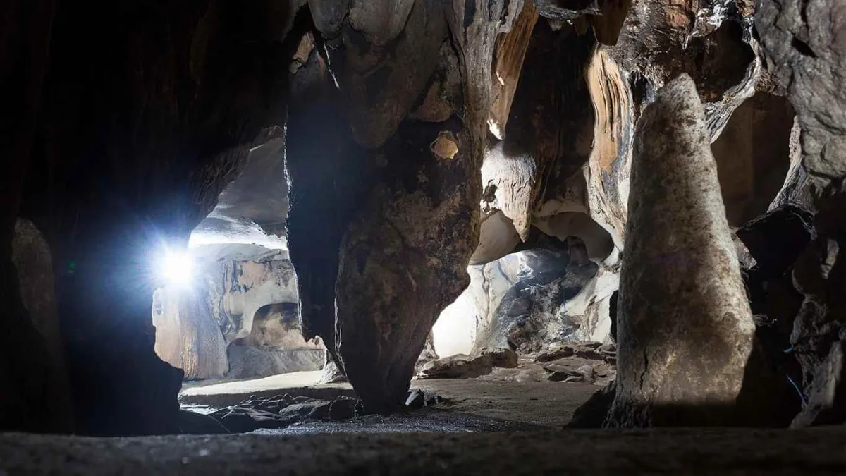 Trung Trang Cave interior — ancient stalactite formations inside a 300-meter limestone tunnel, Cat Ba Island Vietnam