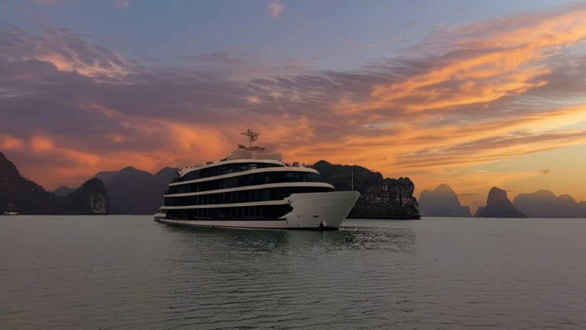 Venus Cruise at Sunset in Lan Ha Bay Venus Cruise silhouetted at sunset in Lan Ha Bay