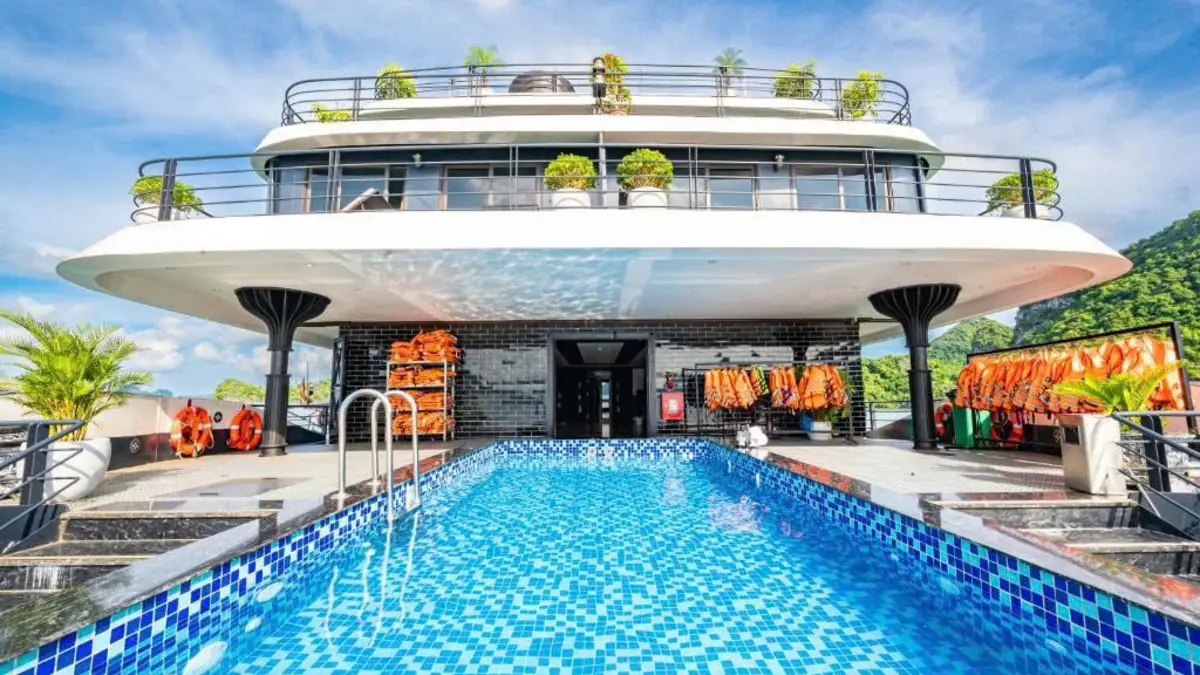 Venus Cruise Infinity Pool Deck Infinity pool deck at the front of Venus Cruise with loungers