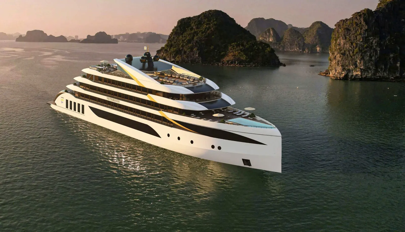 Victorious Cruise Ship Sailing Among Karsts